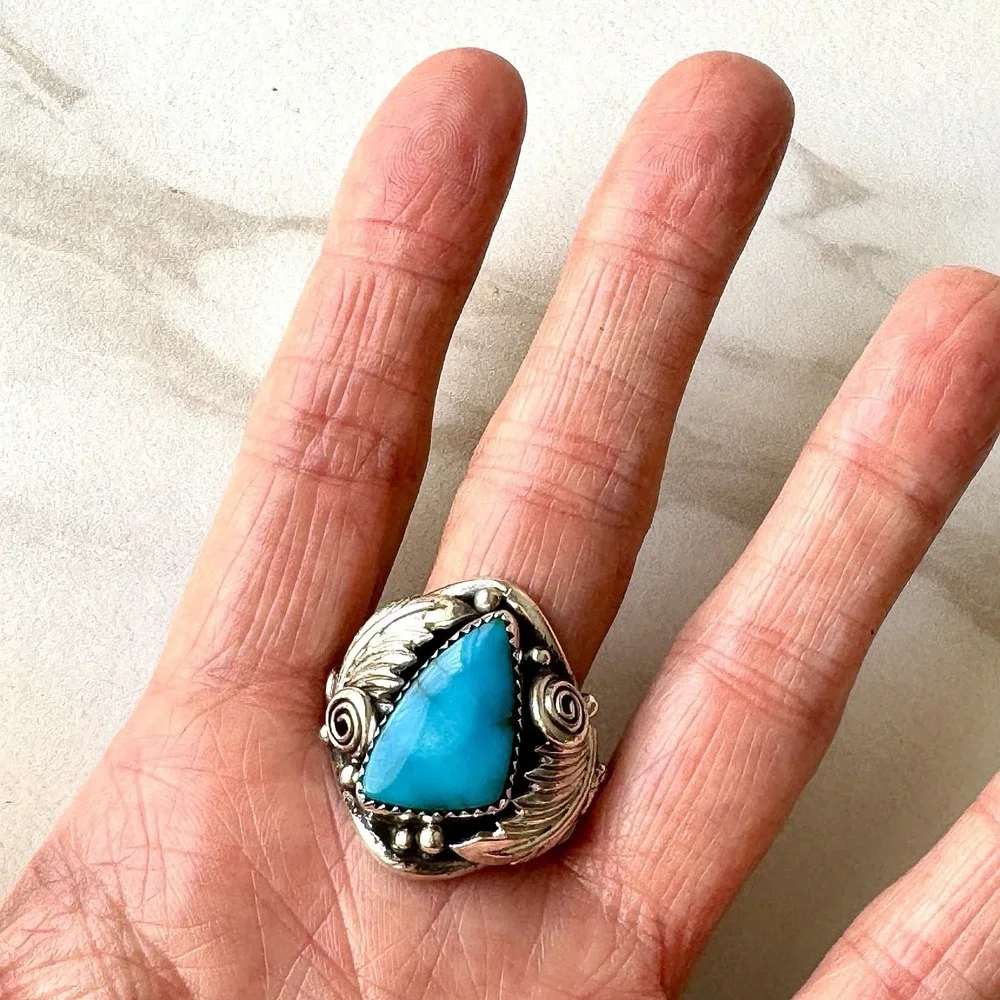 Navajo Turquoise Mens Ring Sz 12 Leaf Feather Signed Morgan Sterling Native Amer